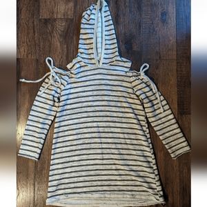 Anthropologie Lazy Sunday Womens Hooded Cold Shoulder Sweatshirt Gray Striped L